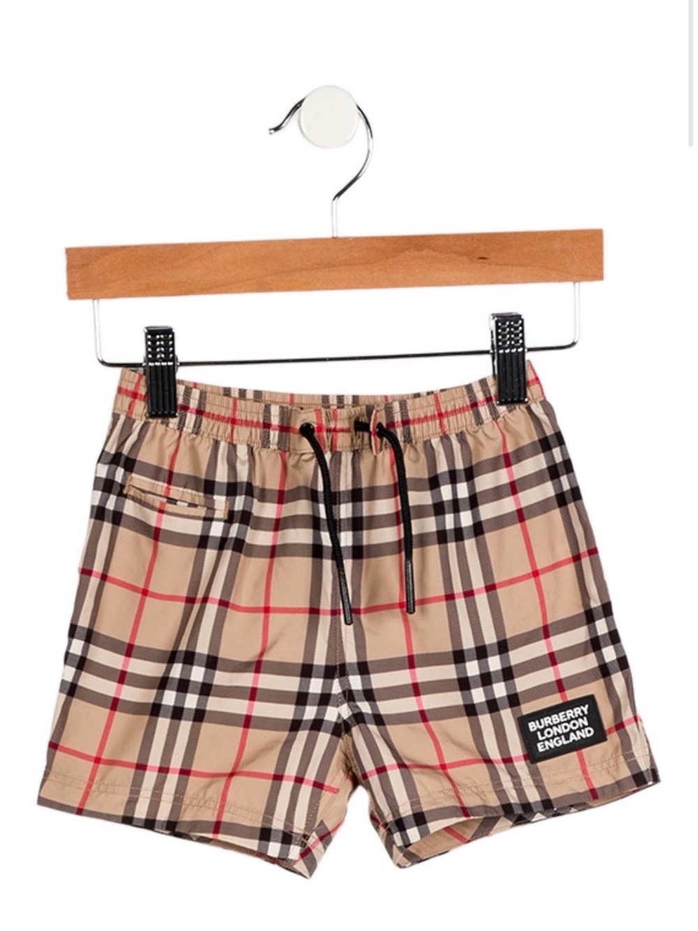 Burberry Kids Beige Plaid Swim Shorts with Black Drawstring